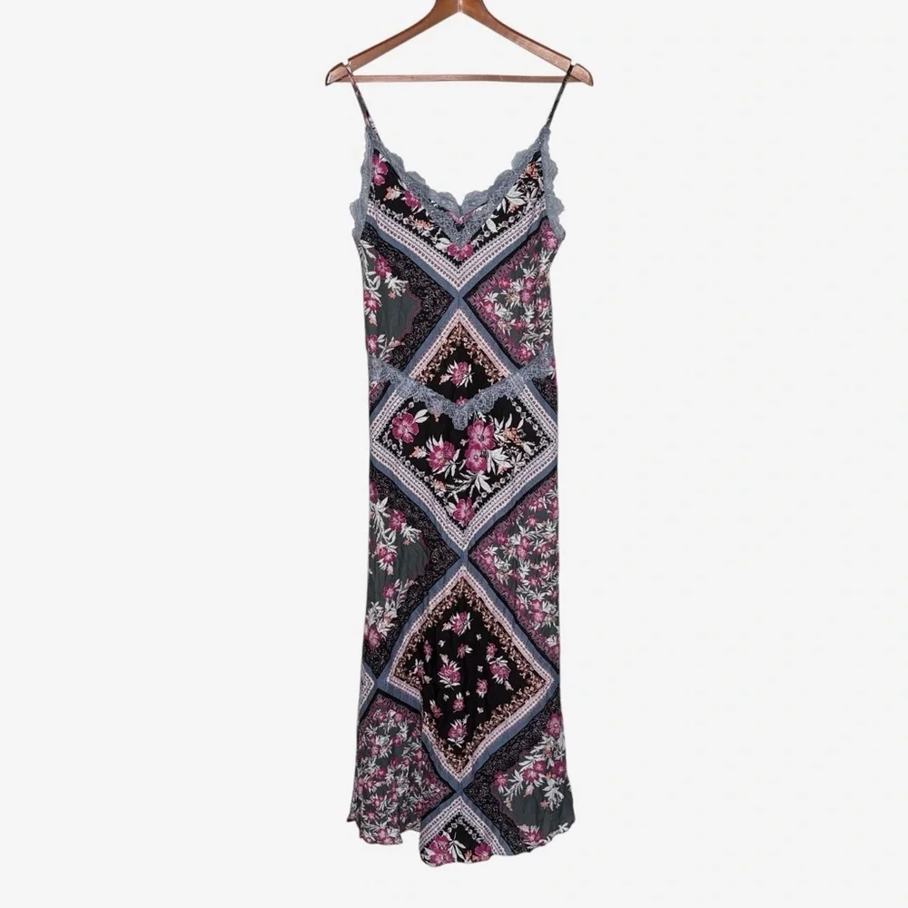 NWT Free People Intimately Stevie Printed Maxi Slip Dress Size S Graphite Combo